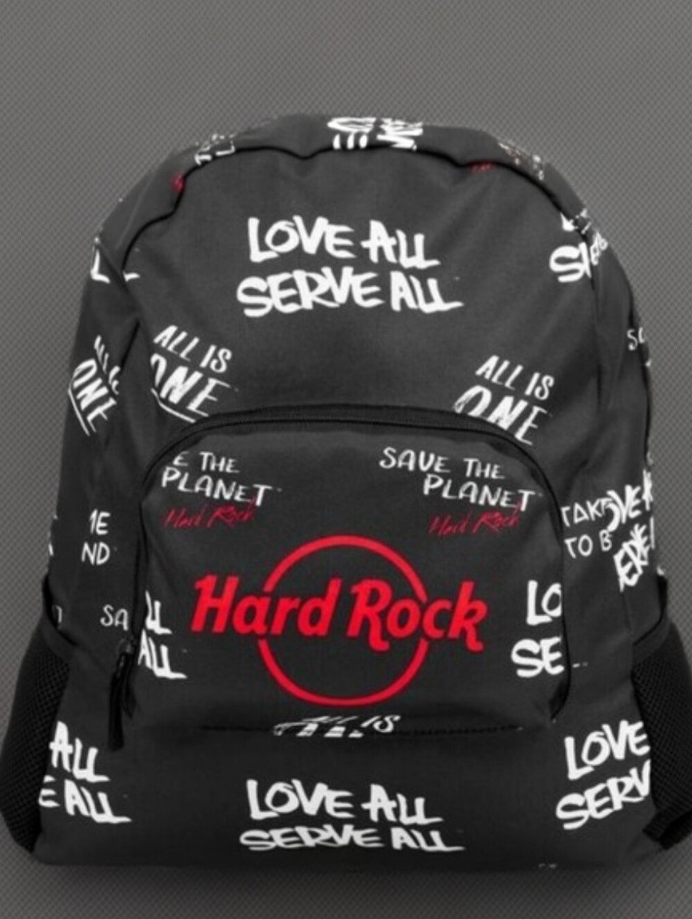 Hard Rock Cafe Black Backpack with Red Logo and White Slogan Print